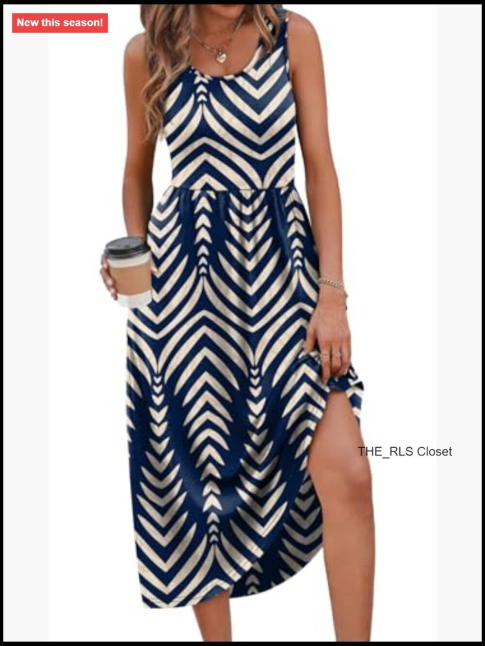 Flowy Casual Midi Dress with Pockets, Scoop Neck, Sleeveless - Picture 2 of 7